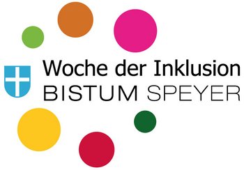 Logo Um den Text „Woche der Inklusion 2022 Bistum Speyer“ sind bunte Punkte und das blaue Bistumswappen angeordnet.